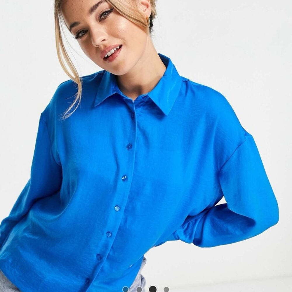 Stradivarius Button Up Satin Cobalt Blue Blouse Top